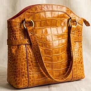 Michael Rome Tote Shoulder Bag Orange Croc Embossed Leather